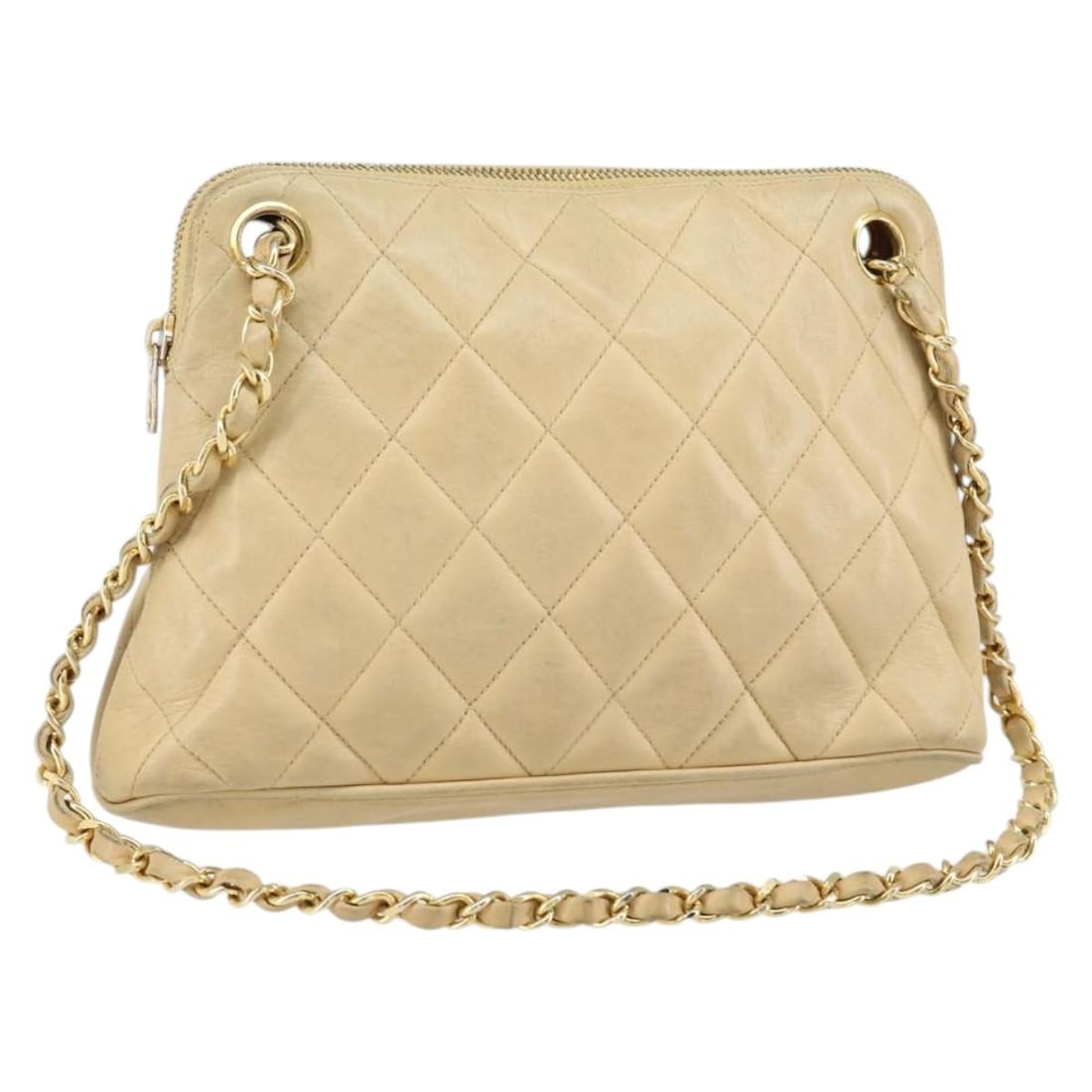 CHANEL Matelasse Lamb Skin Shoulder Bag Beige Gold Tone CC: CHANEL Matelasse Lamb Skin Shoulder Bag Beige Gold Tone CC CHANEL Matelasse chain shoulder bag in beige lamb skin with gold-tone accents. Made in Italy, this women's shoulder bag measures approximatel