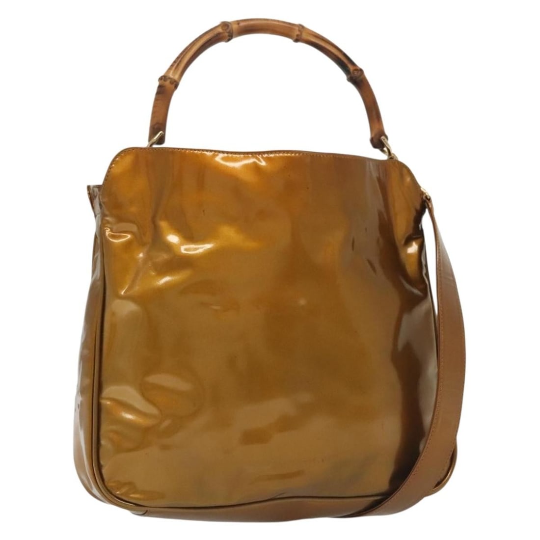 GUCCI Bamboo Hand Bag Gold Patent Leather 001 1705 1638 Auth: GUCCI Bamboo Hand Bag Gold Patent Leather 001 1705 1638 Auth Elevate your style with this authentic GUCCI Bamboo Hand Bag, crafted from luxurious patent leather in a stunning gold hue. This versatile 