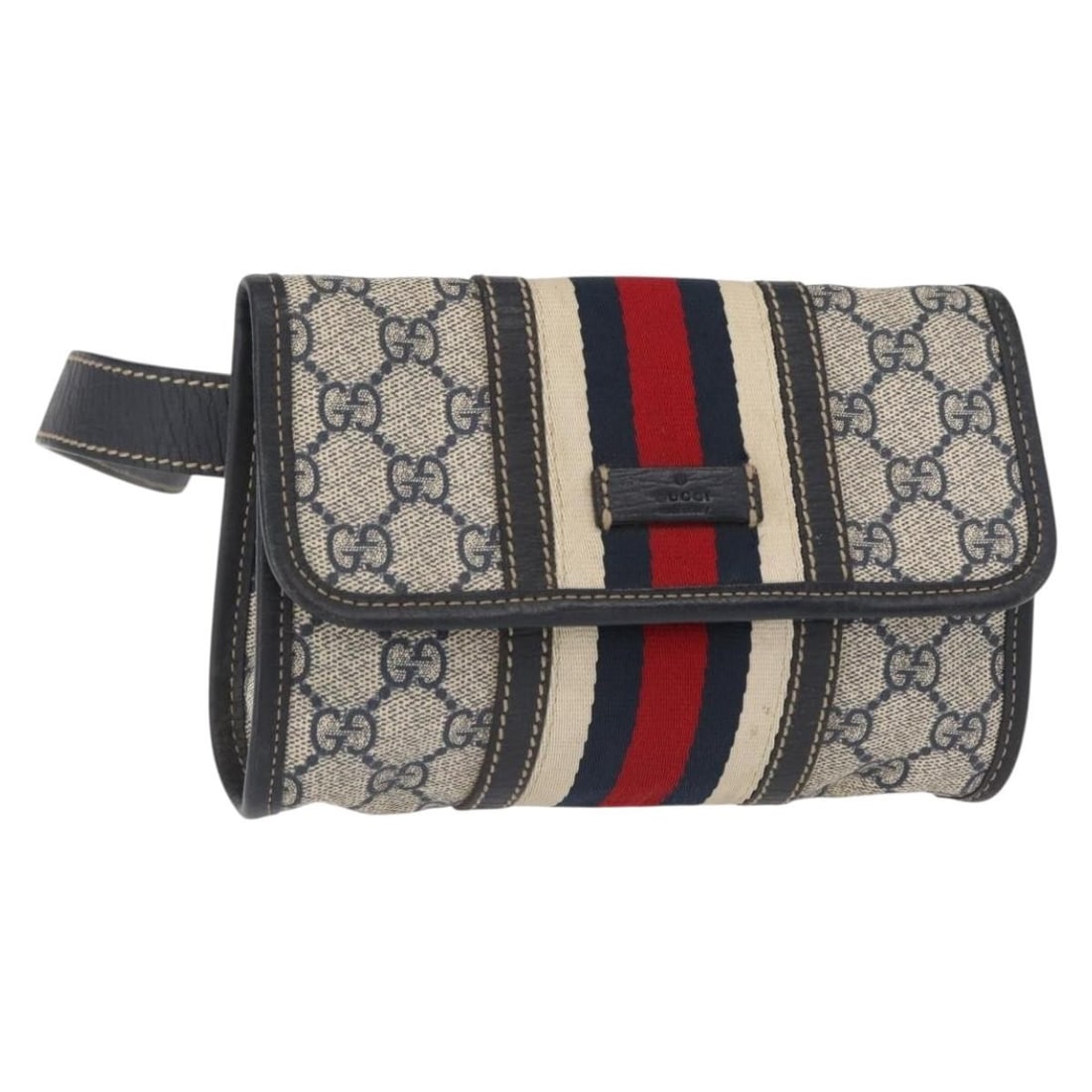 GUCCI 152597 GG Supreme PVC Leather Waist Bag Navy Silver: GUCCI 152597 GG Supreme PVC Leather Waist Bag Navy Silver Gucci GG Supreme waist bag in navy and silver PVC leather with GG canvas detailing. Made in Italy, this women's waist bag shows heavy signs of