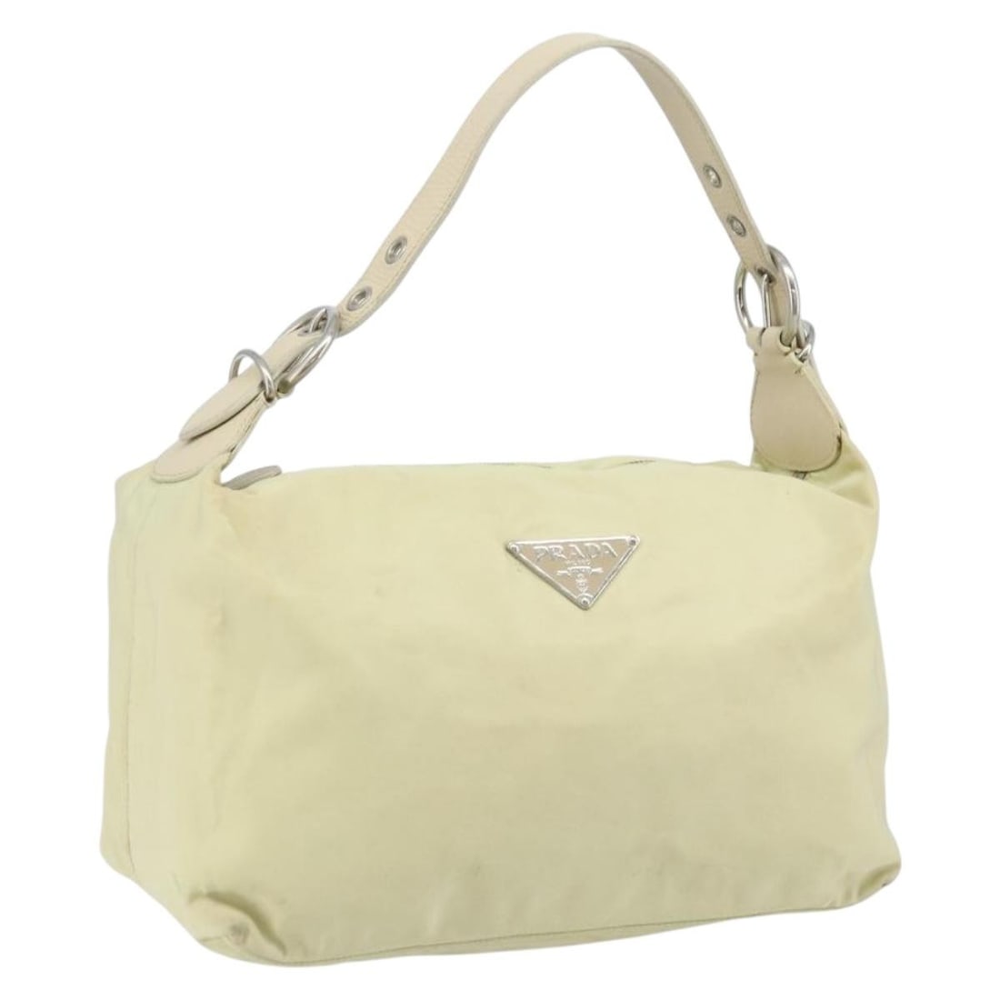 PRADA Nylon Shoulder Bag Ivory Silver Made in Italy: PRADA Nylon Shoulder Bag Ivory Silver Made in Italy This Prada shoulder bag is crafted from nylon in an ivory and silver color combination. Made in Italy, it features a women's shoulder bag design wit
