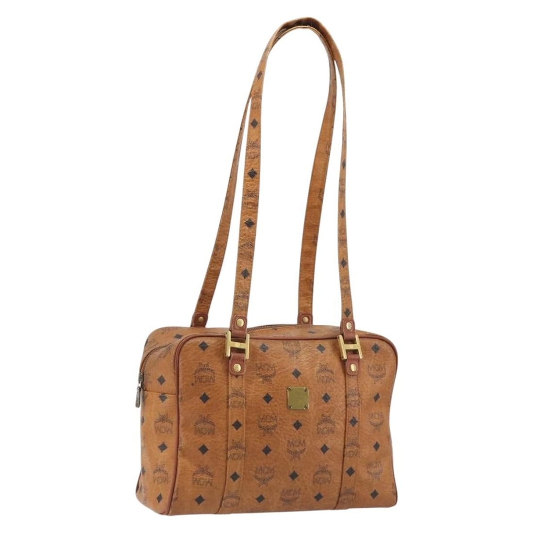 MCM Vicetos Logogram Brown PVC Leather Women's Hand Bag: MCM Vicetos Logogram Brown PVC Leather Women's Hand Bag MCM women's hand bag in brown and gold PVC leather. It features a handle drop of approximately 39 cm and measures approximately 29 cm W x 20 cm 