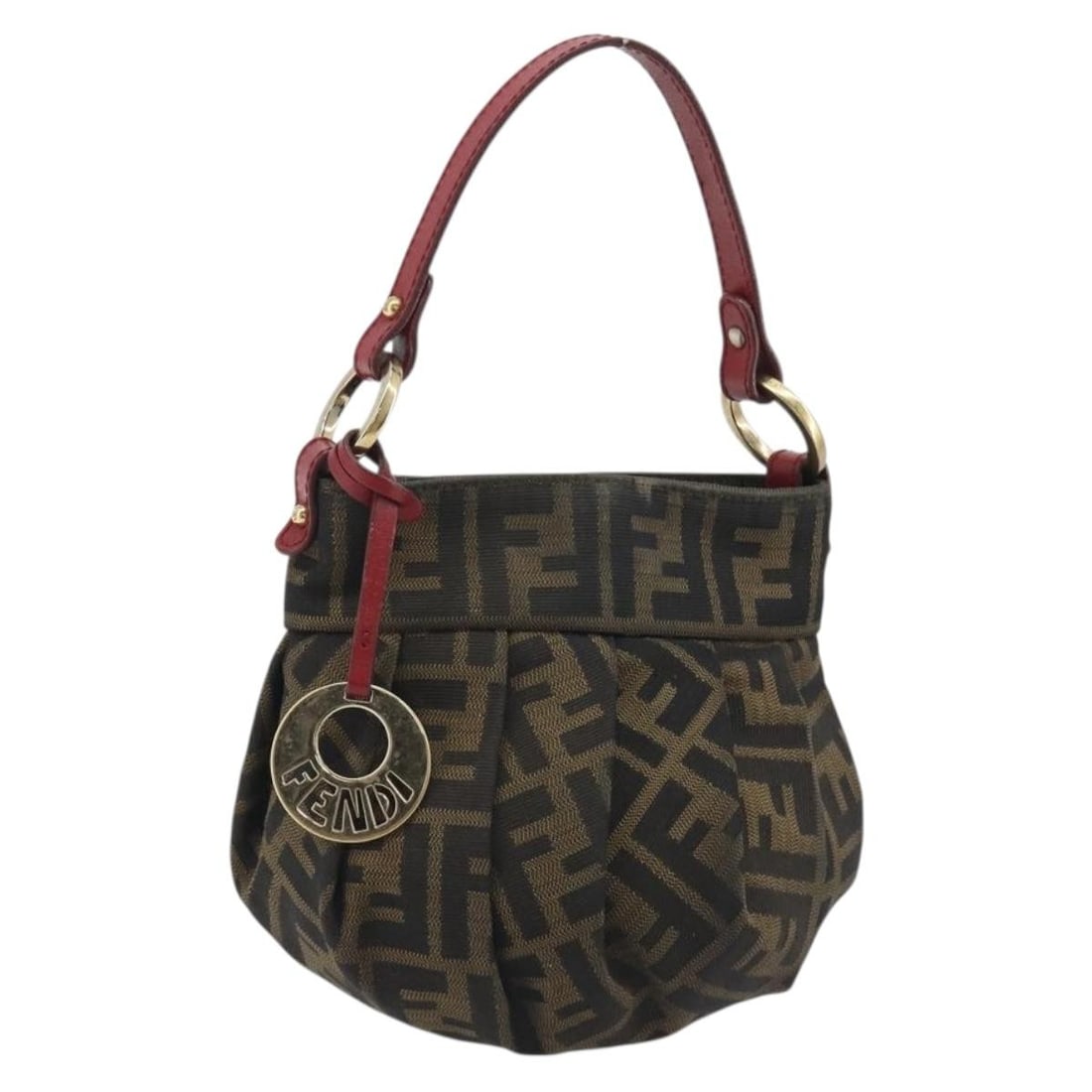 FENDI 8BK044 Zucca Canvas Handbag Brown Gold Tone: FENDI 8BK044 Zucca Canvas Handbag Brown Gold Tone Fendi hand bag in Zucca Canvas with a brown and gold tone exterior. Made in Italy, this women's bag measures approximately 7.1 x 6.7 x 3.9 inches, wit