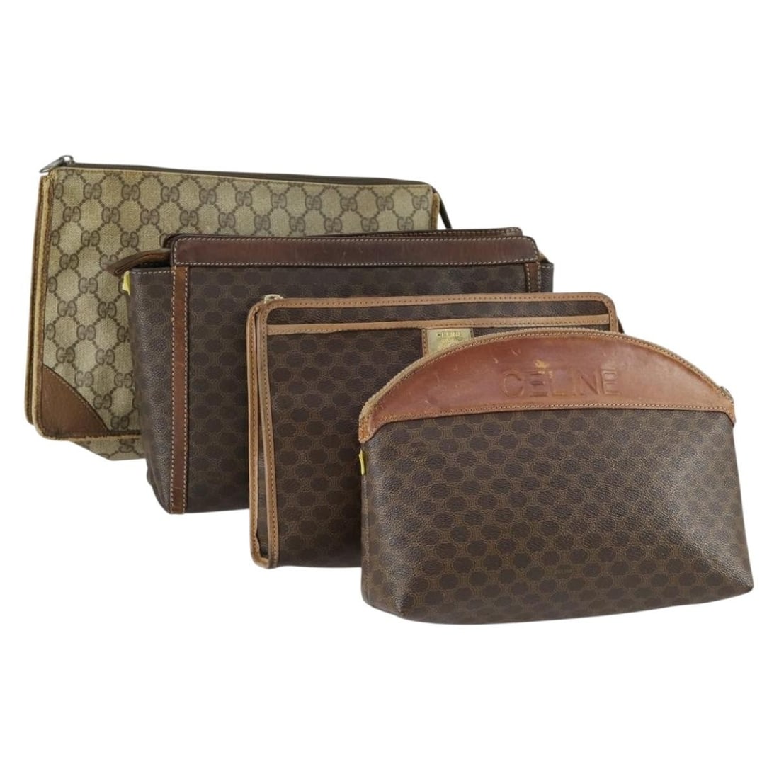 4 Piece Brown Beige Macadam Canvas Clutch Bag Set CELINE: 4 Piece Brown Beige Macadam Canvas Clutch Bag Set CELINE A CELINE clutch bag made from PVC leather and Macadam canvas in brown and beige. Made in Italy, this item is offered as a special bundle set an
