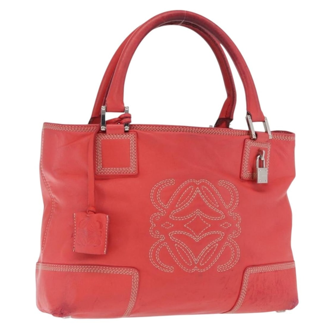 LOEWE Anagram Americana 28 Red Leather Handbag with Silver Accents and Accessories: LOEWE Anagram Americana 28 Red Leather Handbag with Silver Accents and Accessories This LOEWE Anagram Americana 28 handbag is crafted from red and silver leather and features silver-tone hardware. The