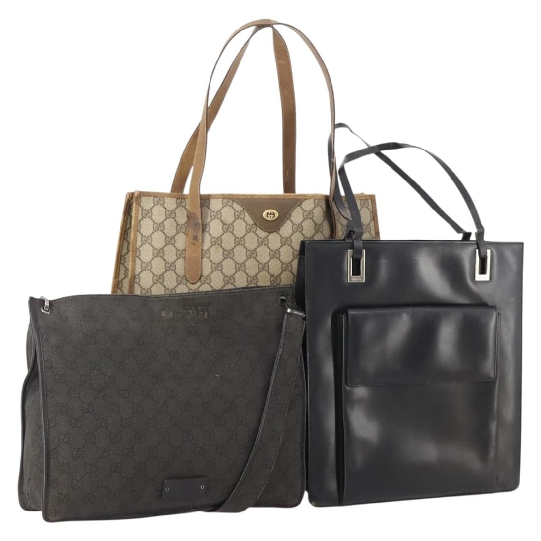 Gucci Black Beige GG Canvas Leather Tote Bag Set of 3 Auth: Gucci Black Beige GG Canvas Leather Tote Bag Set of 3 Auth This is a Gucci GG Canvas GG Supreme tote bag set in black and beige, crafted from leather and GG canvas. Designed for women, these totes are