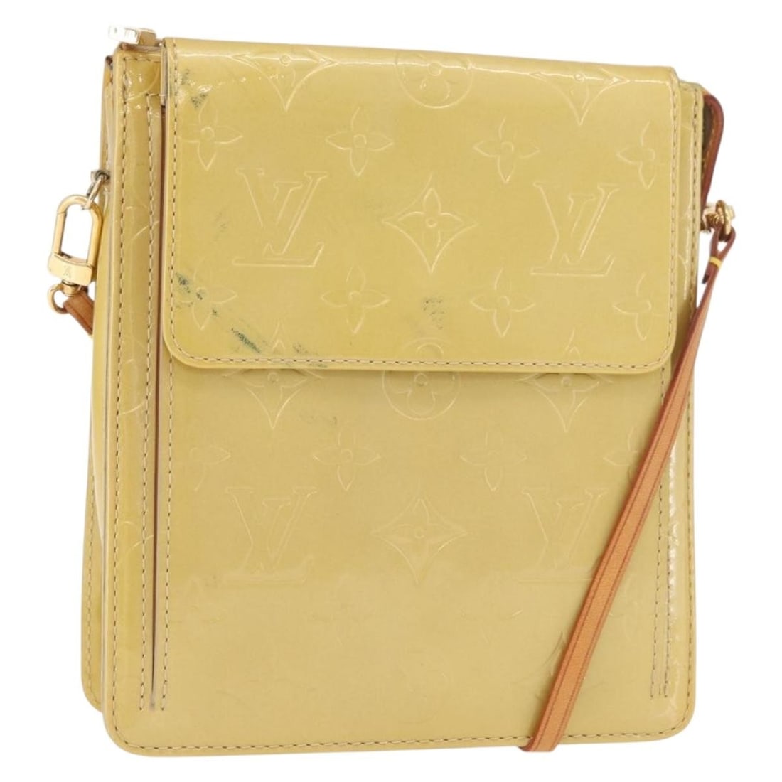 Louis Vuitton Motto Monogram Vernis Accessory Pouch Beige M91136: Louis Vuitton Motto Monogram Vernis Accessory Pouch Beige M91136 Louis Vuitton Monogram Vernis Motto Accessory Pouch in beige patent leather, made in France. It comes with a shoulder strap and feature
