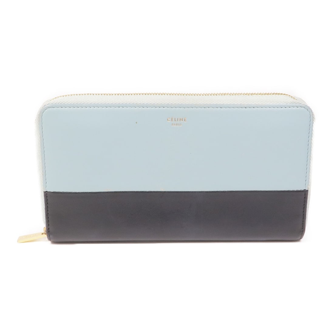 CELINE calfskin long wallet black blue GHW: CELINE calfskin long wallet black blue GHW Long wallet in calfskin leather with a black and blue color combination. It features a long format with a fastener pocket, two open compartments, one coin ca
