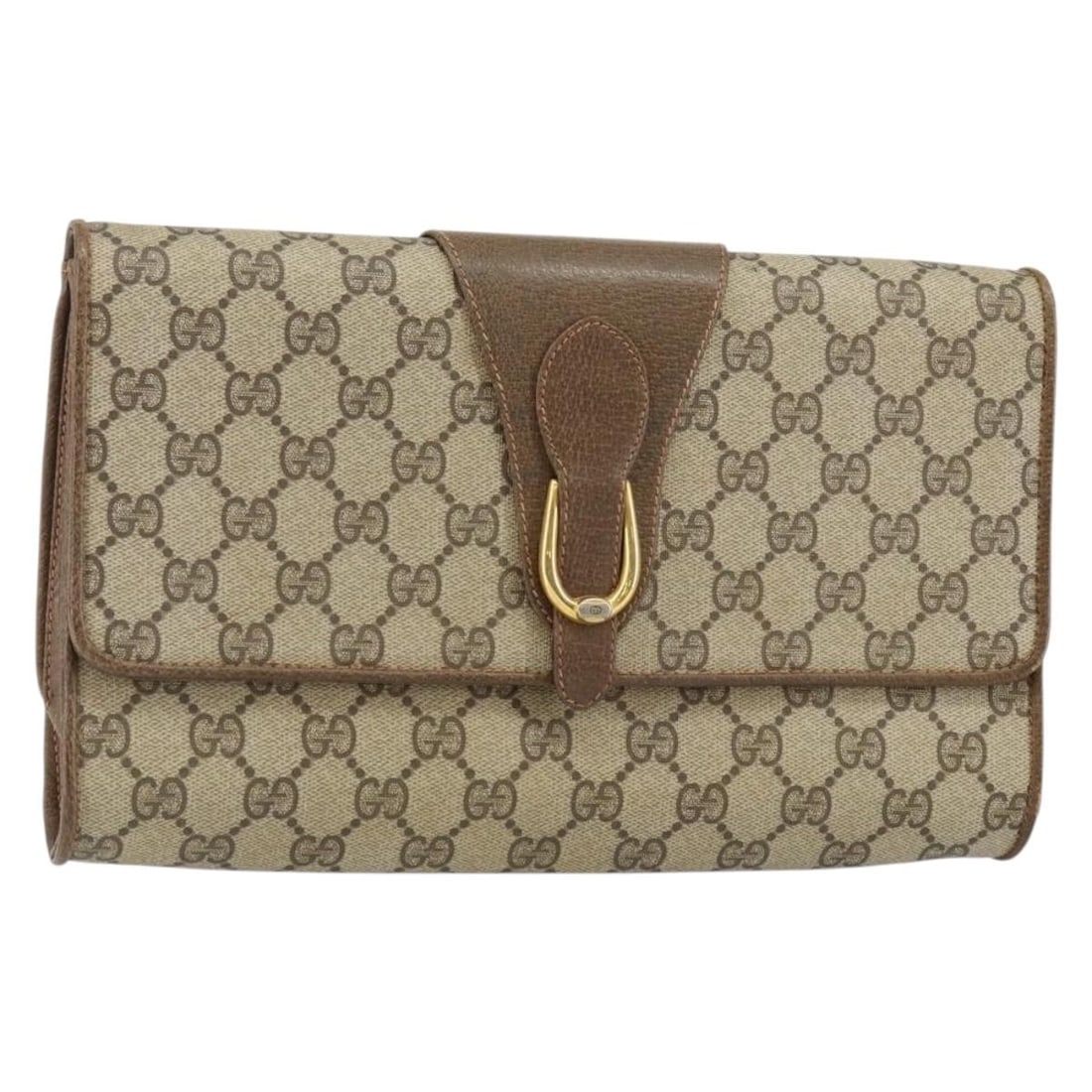 GUCCI GG Supreme Beige Gold Clutch Bag Italy Model 89 02 050: GUCCI GG Supreme Beige Gold Clutch Bag Italy Model 89 02 050 This authentic GUCCI GG Supreme Clutch Bag features a stylish beige and gold color scheme, crafted from durable PVC leather and GG canvas. 