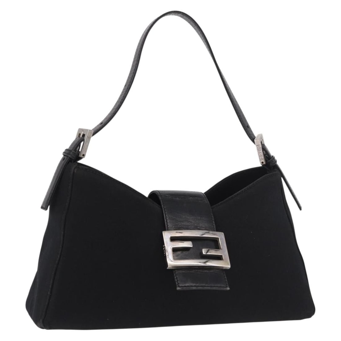 FENDI Mamma Baguette Satin Shoulder Bag Black Silver: FENDI Mamma Baguette Satin Shoulder Bag Black Silver Fendi Mamma Baguette shoulder bag in black and silver satin, made in Italy. This women's shoulder bag measures approximately 10.2 x 5.9 x 2.8 inche