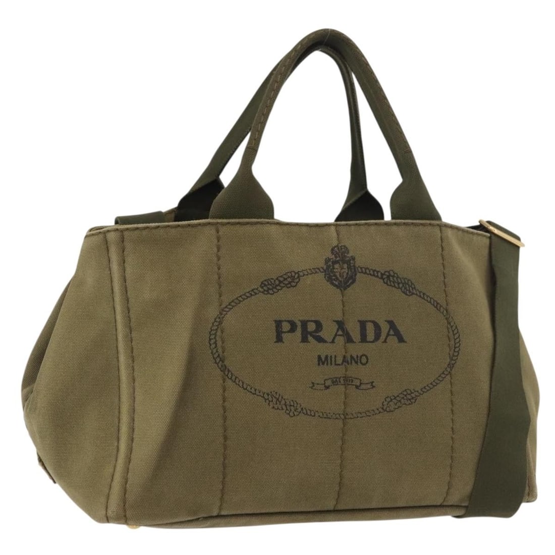 Prada Canapa MM Canvas 2way Handbag Khaki with Strap Card: Prada Canapa MM Canvas 2way Handbag Khaki with Strap Card PRADA Canapa MM hand bag in khaki and gold canvas with a 2-way design. It comes with a shoulder strap and guarantee card, and was made in Ital