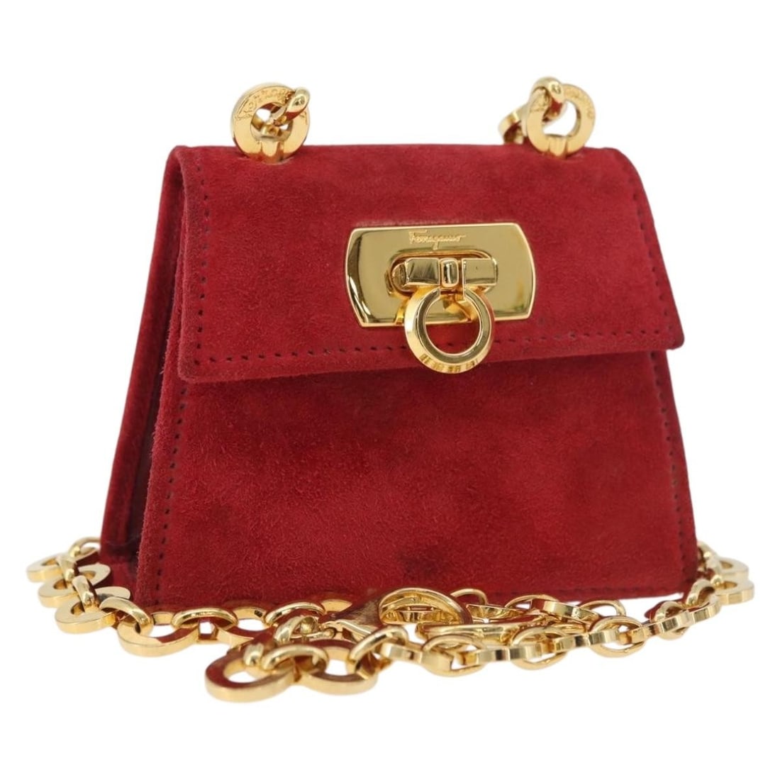 Salvatore Ferragamo Red Suede Gancini Shoulder Bag Gold Chain: Salvatore Ferragamo Red Suede Gancini Shoulder Bag Gold Chain This Salvatore Ferragamo Gancini shoulder bag features a compact design crafted from red suede with gold-tone accents. Made in Italy, it h