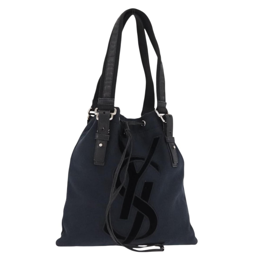 Saint Laurent Kahala Canvas Tote in Navy with Silver Tone: Saint Laurent Kahala Canvas Tote in Navy with Silver Tone Saint Laurent Kahala tote bag in navy and silver canvas. The bag measures approximately W29 cm x H28 cm x D1 cm, with a handle drop of approxi