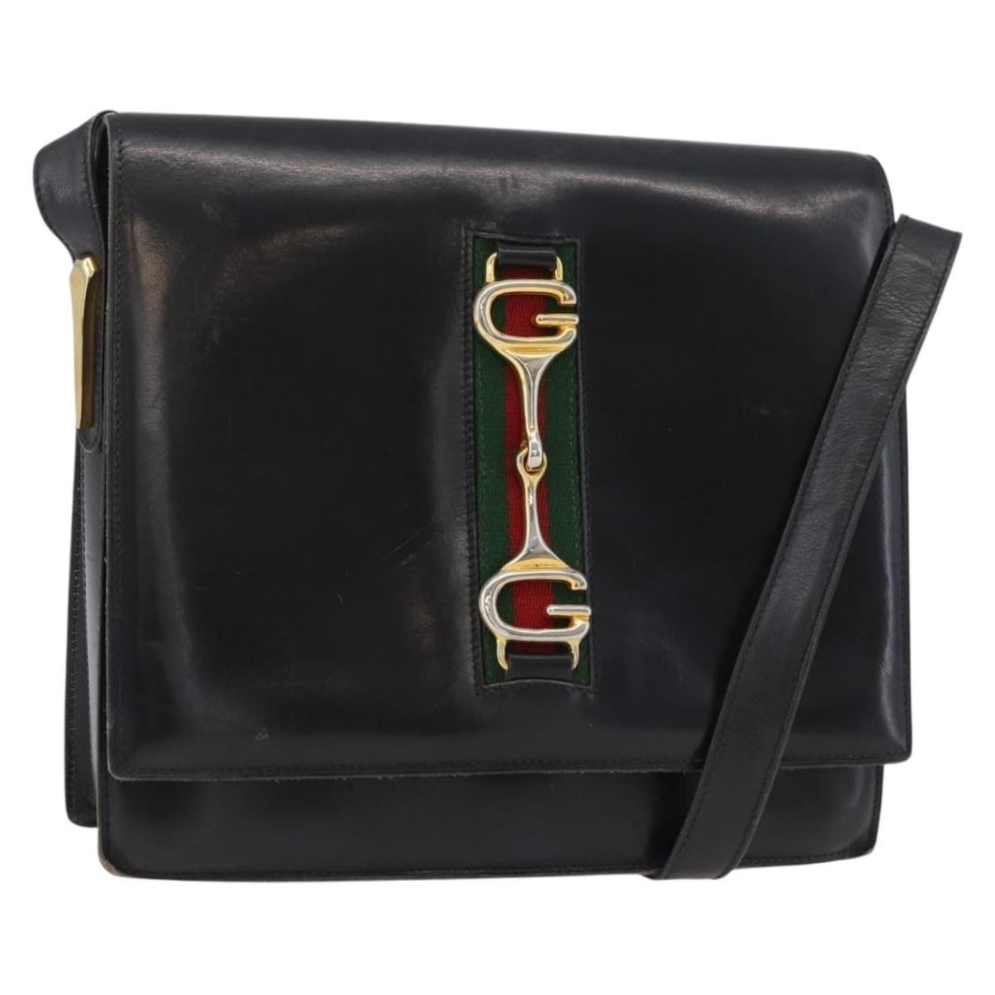 Gucci 179764 black leather shoulder bag with Horsebit Web Sherry line: Gucci 179764 black leather shoulder bag with Horsebit Web Sherry line Gucci Horsebit Web Sherry Line shoulder bag in black leather with gold-tone hardware. Made in Italy, this bag measures approximate