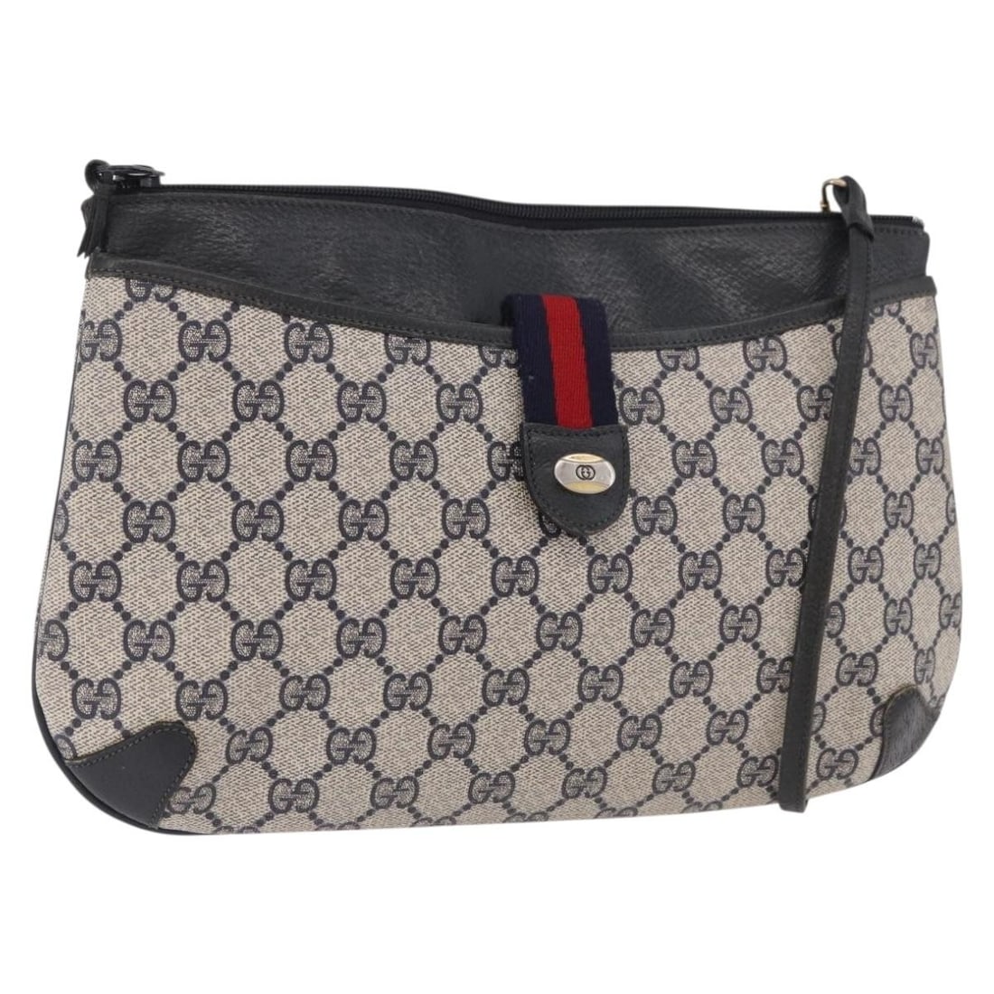 Gucci Sherry Line GG Supreme PVC Shoulder Bag Navy Gold 904 02 026: Gucci Sherry Line GG Supreme PVC Shoulder Bag Navy Gold 904 02 026 Gucci shoulder bag in navy and gold, made from PVC leather and GG canvas. It features a shoulder strap with an approximate 18.5 inch 