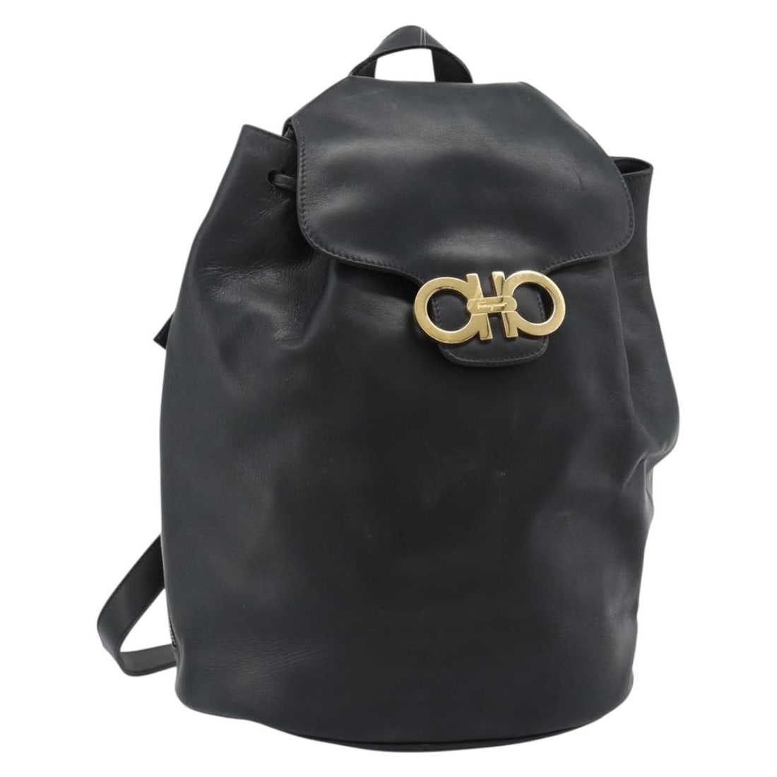 Salvatore Ferragamo Black Leather Backpack Gold Tone Italy: Salvatore Ferragamo Black Leather Backpack Gold Tone Italy Salvatore Ferragamo women's backpack in leather, made in Italy. It is black and gold in color and measures approximately 24 cm W x 30 cm H x 