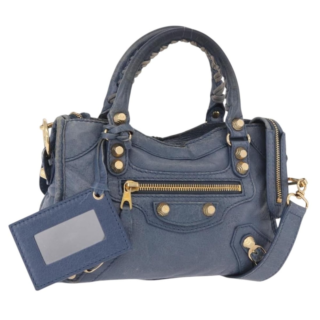 BALENCIAGA 309544 Giant Mini City Leather 2way Handbag Blue Gold: BALENCIAGA 309544 Giant Mini City Leather 2way Handbag Blue Gold Balenciaga Giant Mini City Hand Bag in leather with a blue and gold color combination. This women's handbag is made in Italy and comes 