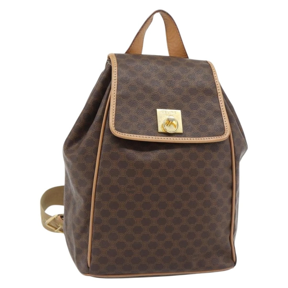 CELINE Macadam Canvas PVC Leather Backpack Brown Gold Tone: CELINE Macadam Canvas PVC Leather Backpack Brown Gold Tone This CELINE Macadam Canvas backpack is crafted from PVC leather and Macadam canvas in a brown and gold colorway. Made in Italy, it is a women