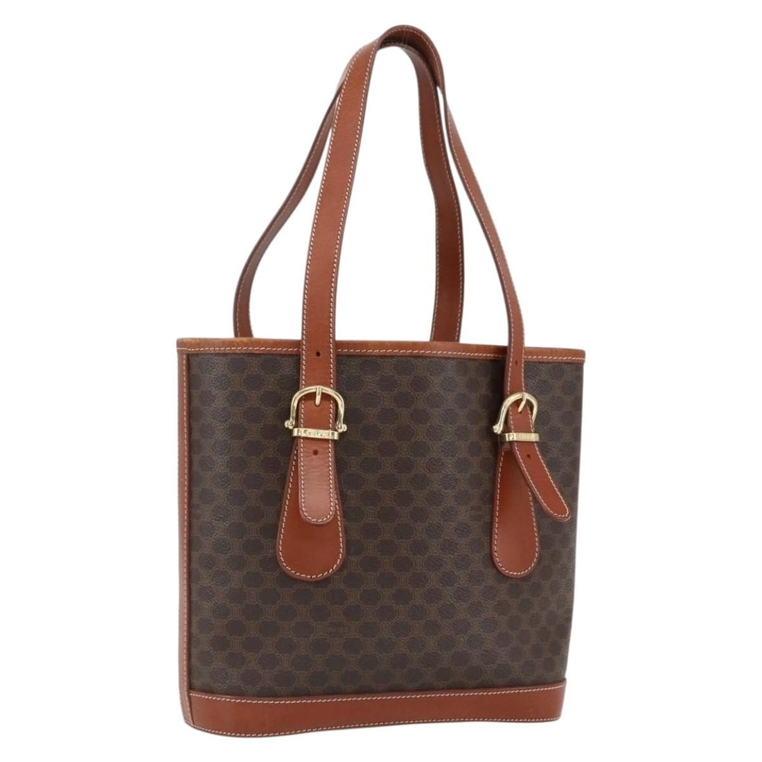 CELINE Macadam Brown PVC Leather Handbag with Dust Bag: CELINE Macadam Brown PVC Leather Handbag with Dust Bag CELINE hand bag in brown and gold PVC leather with Macadam canvas details. Made in Italy, this women's bag measures approximately 24 cm wide, 22 