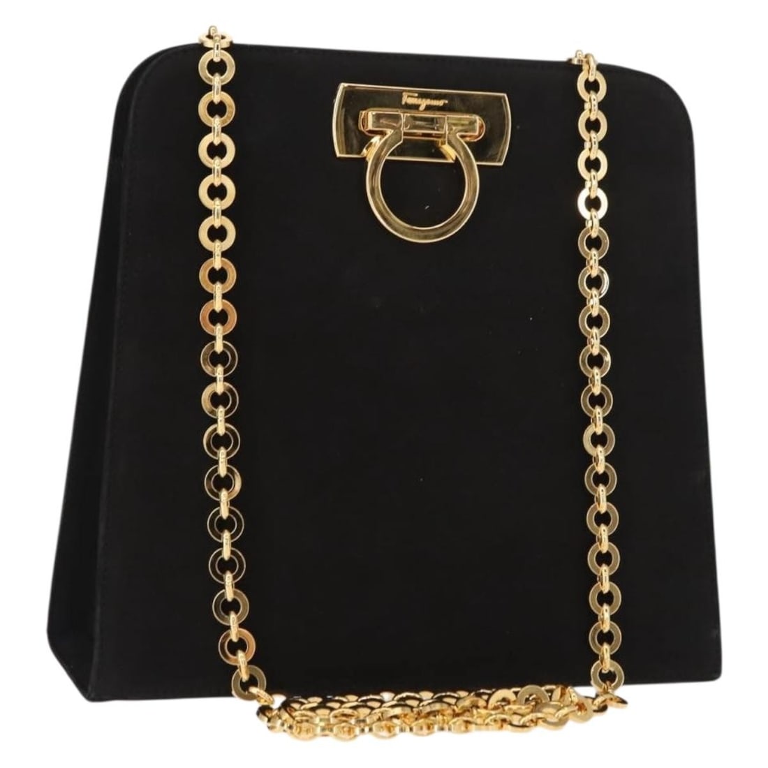 Salvatore Ferragamo Black Gold Suede Chain Gancini Shoulder Bag Auth 150385: Salvatore Ferragamo Black Gold Suede Chain Gancini Shoulder Bag Auth 150385 This Salvatore Ferragamo Chain Gancini Shoulder Bag is a sophisticated accessory made from premium suede in an elegant black