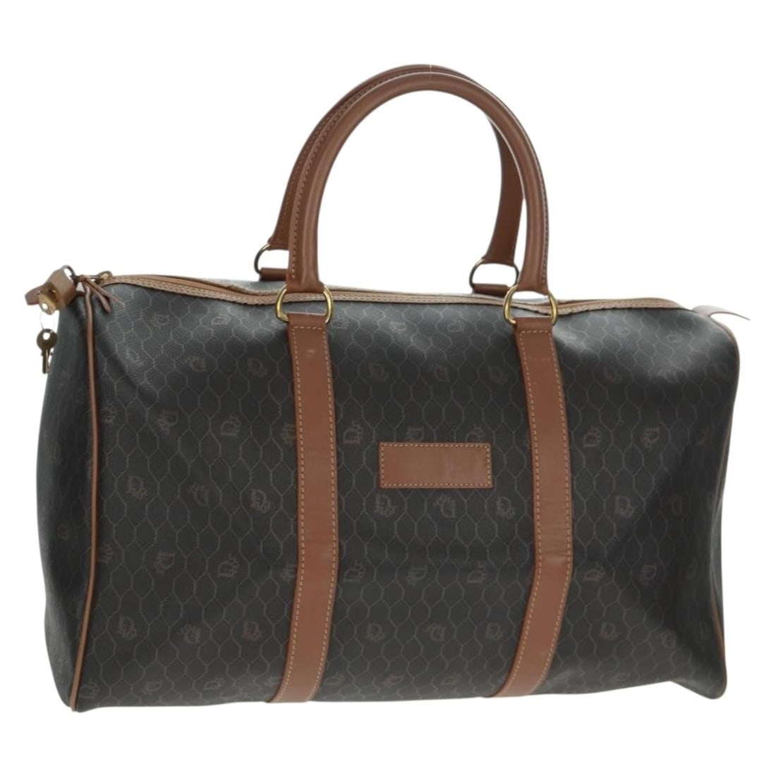 Christian Dior Boston Bag Honeycomb Black PVC Canvas with Gold Accents and Padlock: Christian Dior Boston Bag Honeycomb Black PVC Canvas with Gold Accents and Padlock This Christian Dior Boston bag features the brand's signature honeycomb canvas and PVC leather in black with gold acc