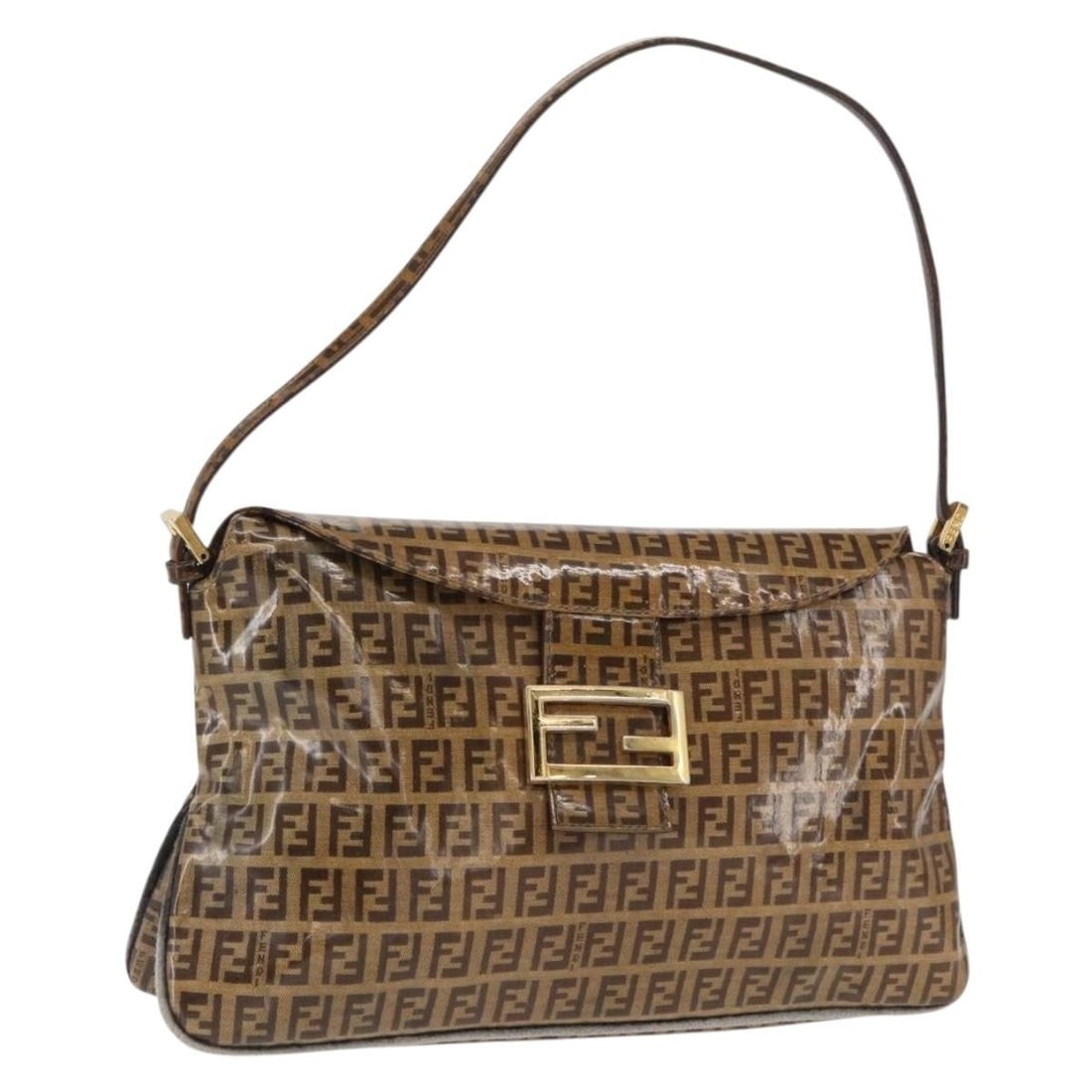 Fendi Mamma Baguette Shoulder Bag Zucchino Canvas PVC Brown Gold: Fendi Mamma Baguette Shoulder Bag Zucchino Canvas PVC Brown Gold Fendi Mamma Baguette shoulder bag in Zucchino canvas with PVC leather in brown and gold. Made in Italy, this bag features a shoulder st