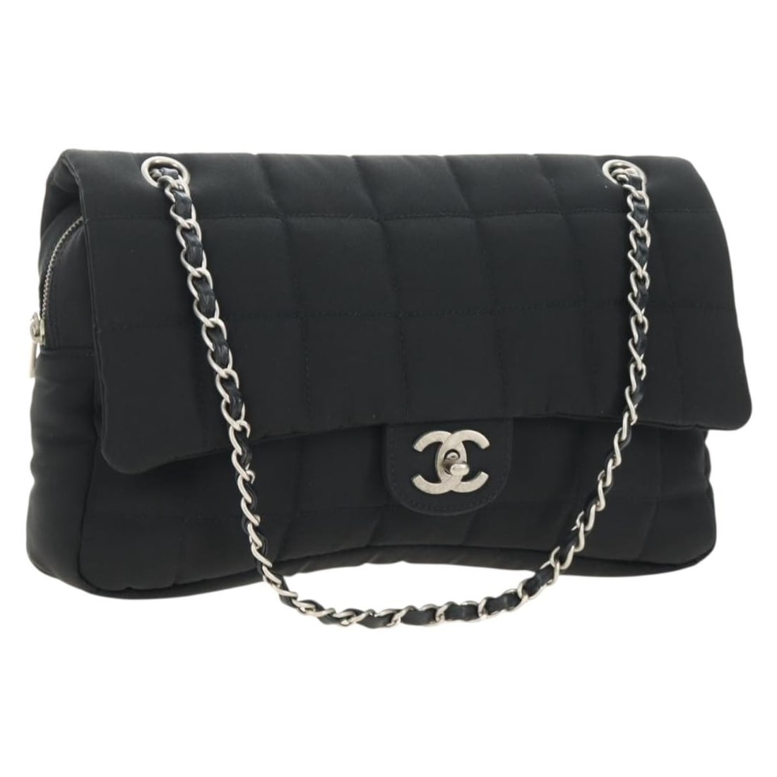 CHANEL Choco Bar Cotton Jersey Shoulder Bag Black Silver CC: CHANEL Choco Bar Cotton Jersey Shoulder Bag Black Silver CC A Chanel Choco Bar chain shoulder bag in black and silver, made from cotton jersey. It features a shoulder bag style and comes with a guaran