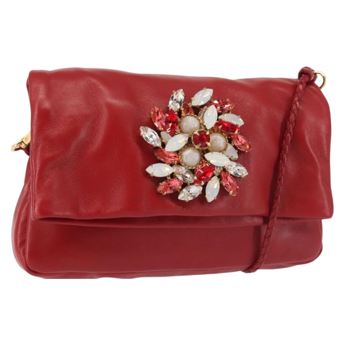 Miu Miu Bijoux red leather shoulder bag gold tone: Miu Miu Bijoux red leather shoulder bag gold tone A Miu Miu shoulder bag crafted in red leather with gold-tone hardware. It features a compact silhouette and shoulder strap with an approximate drop of