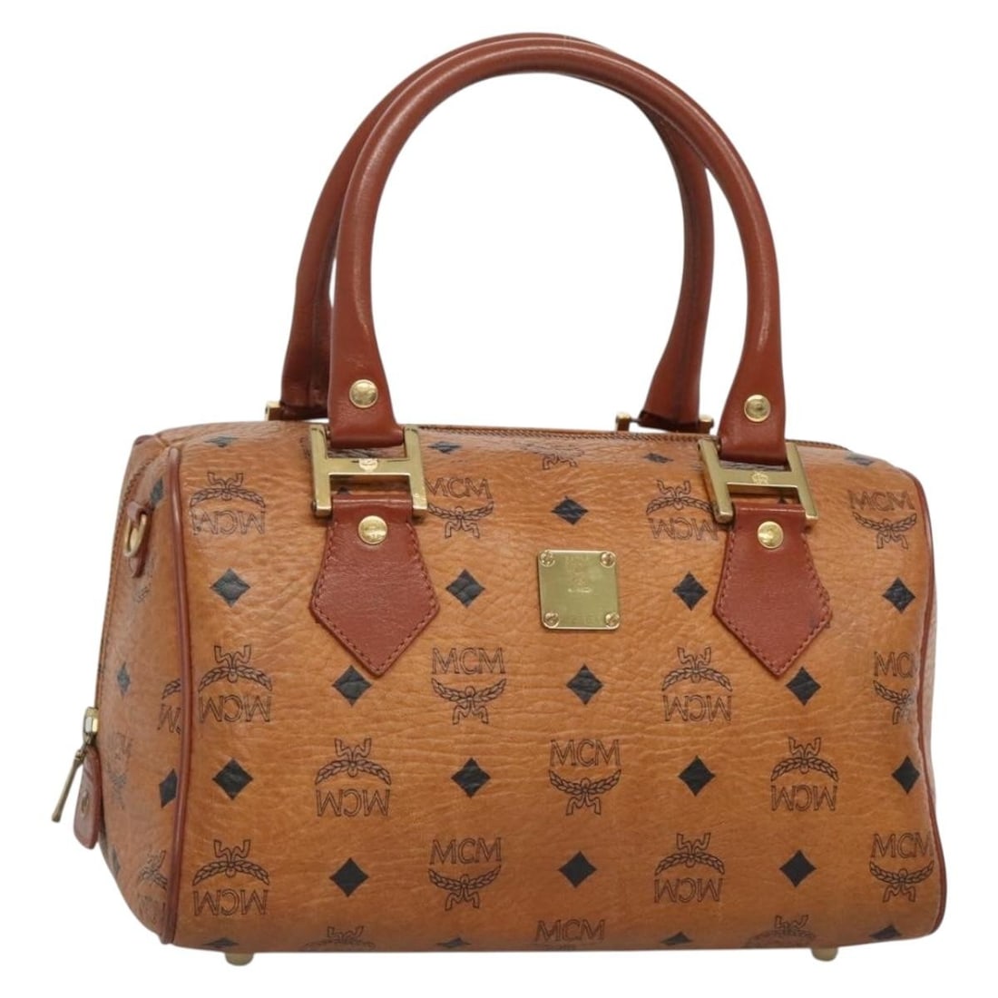 MCM Vicetos Logogram Boston Bag Brown Gold PVC Leather: MCM Vicetos Logogram Boston Bag Brown Gold PVC Leather MCM Boston bag in brown and gold PVC leather with a logogram Vicetos design. Made in Germany, this bag measures approximately 26 cm W x 16 cm H x