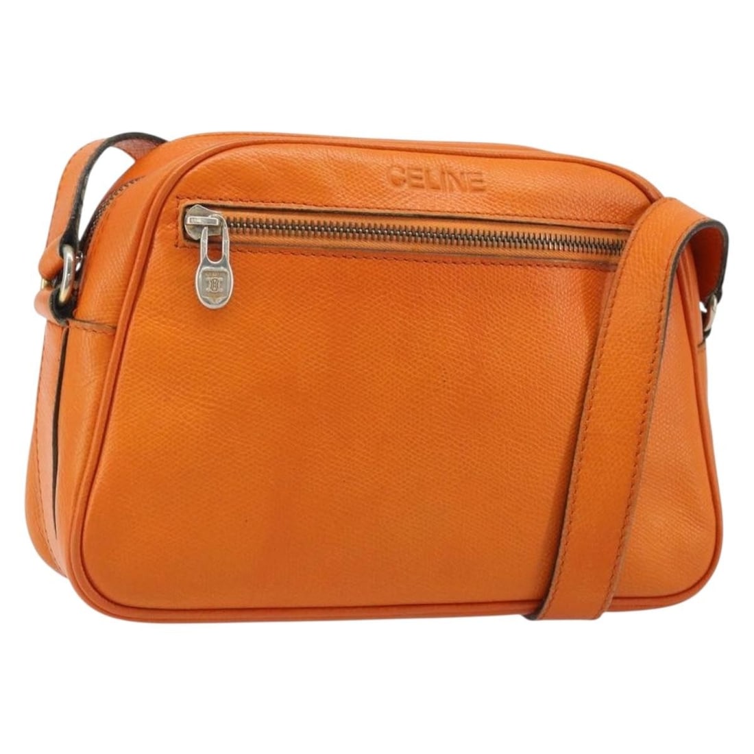 CELINE Leather Shoulder Bag Orange Gold Tone Italy: CELINE Leather Shoulder Bag Orange Gold Tone Italy CELINE shoulder bag in orange and gold leather, made in Italy. This women's bag measures approximately 25 cm wide, 17 cm high, and 7 cm deep, with a 