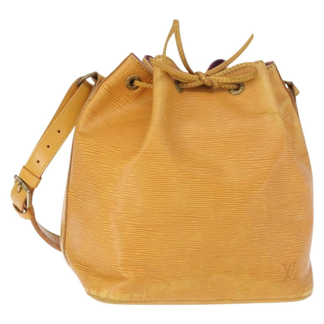 Yellow Epi Leather Petit Noe Shoulder Bag by Louis Vuitton M44109: Yellow Epi Leather Petit Noe Shoulder Bag by Louis Vuitton M44109 This is a Louis Vuitton Epi Petit Noe shoulder bag in yellow, featuring the signature Epi leather exterior. The bag is made in France 