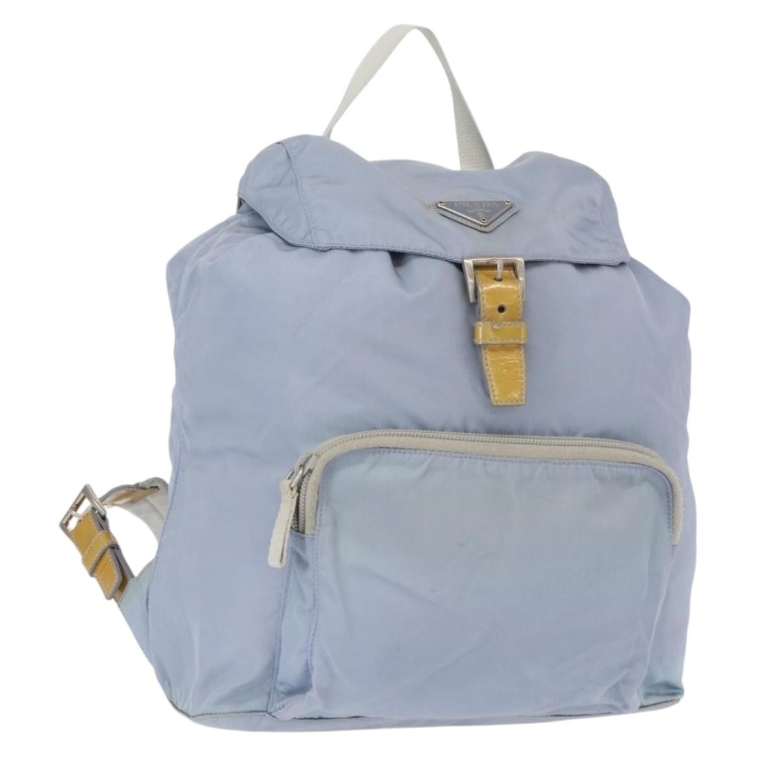 PRADA Light Blue Nylon Backpack Silver Tone with Guarantee Card: PRADA Light Blue Nylon Backpack Silver Tone with Guarantee Card Prada nylon backpack in light blue with silver-tone details. It comes with a guarantee card and was made in Italy. The bag is described 