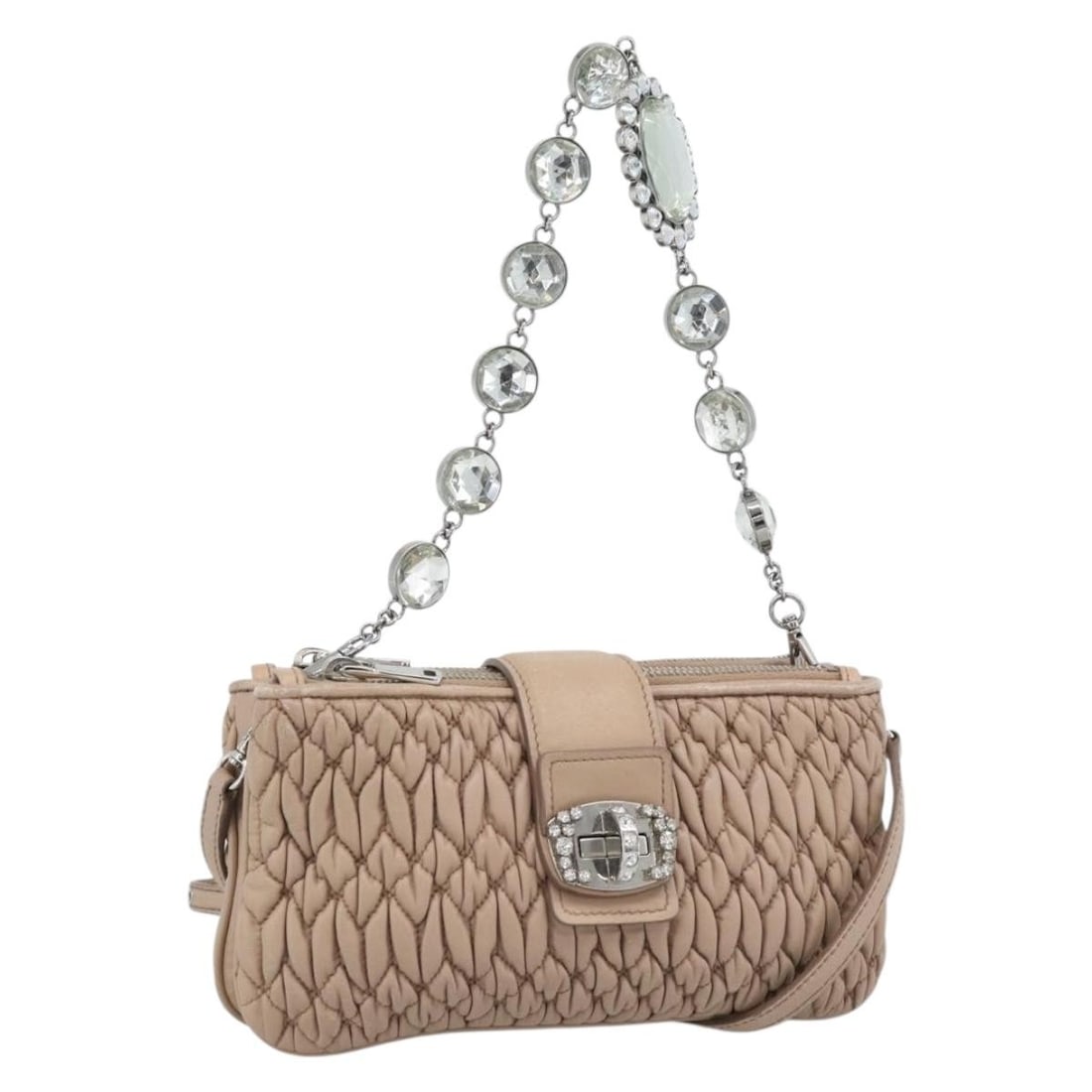 Miu Miu Matelasse Leather 2way Shoulder Bag Pink Silver Tone Strap: Miu Miu Matelasse Leather 2way Shoulder Bag Pink Silver Tone Strap Miu Miu Matelasse Chain Shoulder Bag in pink and silver leather, designed as a 2-way shoulder bag. It comes with a shoulder strap and