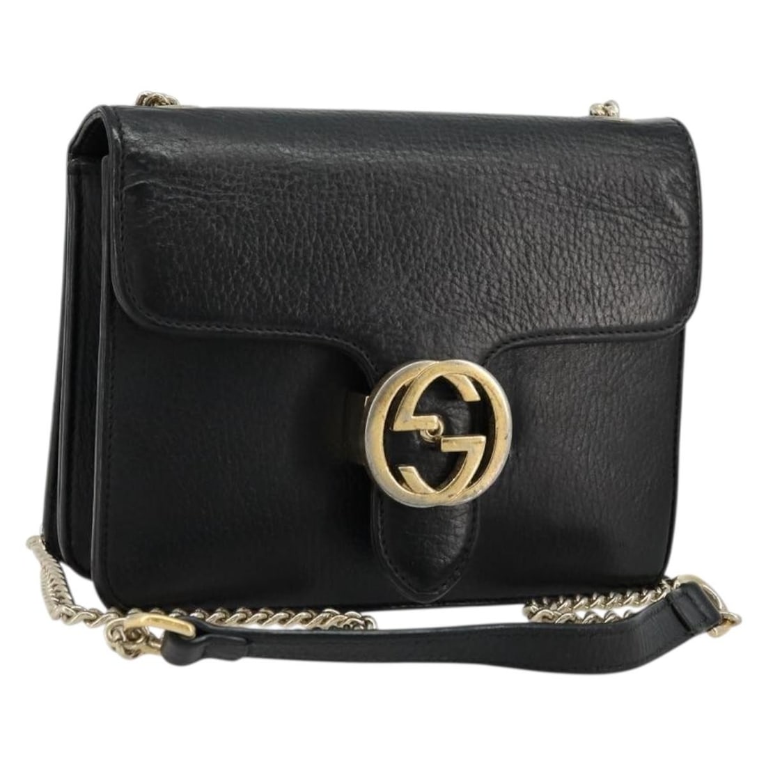 GUCCI 510304 Leather Shoulder Bag Black Gold Chain Strap: GUCCI 510304 Leather Shoulder Bag Black Gold Chain Strap Gucci chain shoulder bag in black and gold leather, made in Italy. The bag measures approximately 20 cm wide, 15 cm high, and 4 cm deep, with a