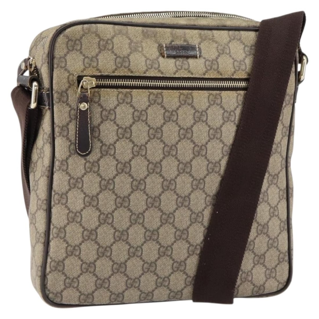 GUCCI GG Supreme Beige Gold Shoulder Bag PVC Leather Auth 201448: GUCCI GG Supreme Beige Gold Shoulder Bag PVC Leather Auth 201448 This GUCCI GG Supreme Shoulder Bag combines style and practicality, crafted from durable PVC leather in a sophisticated beige and gold 
