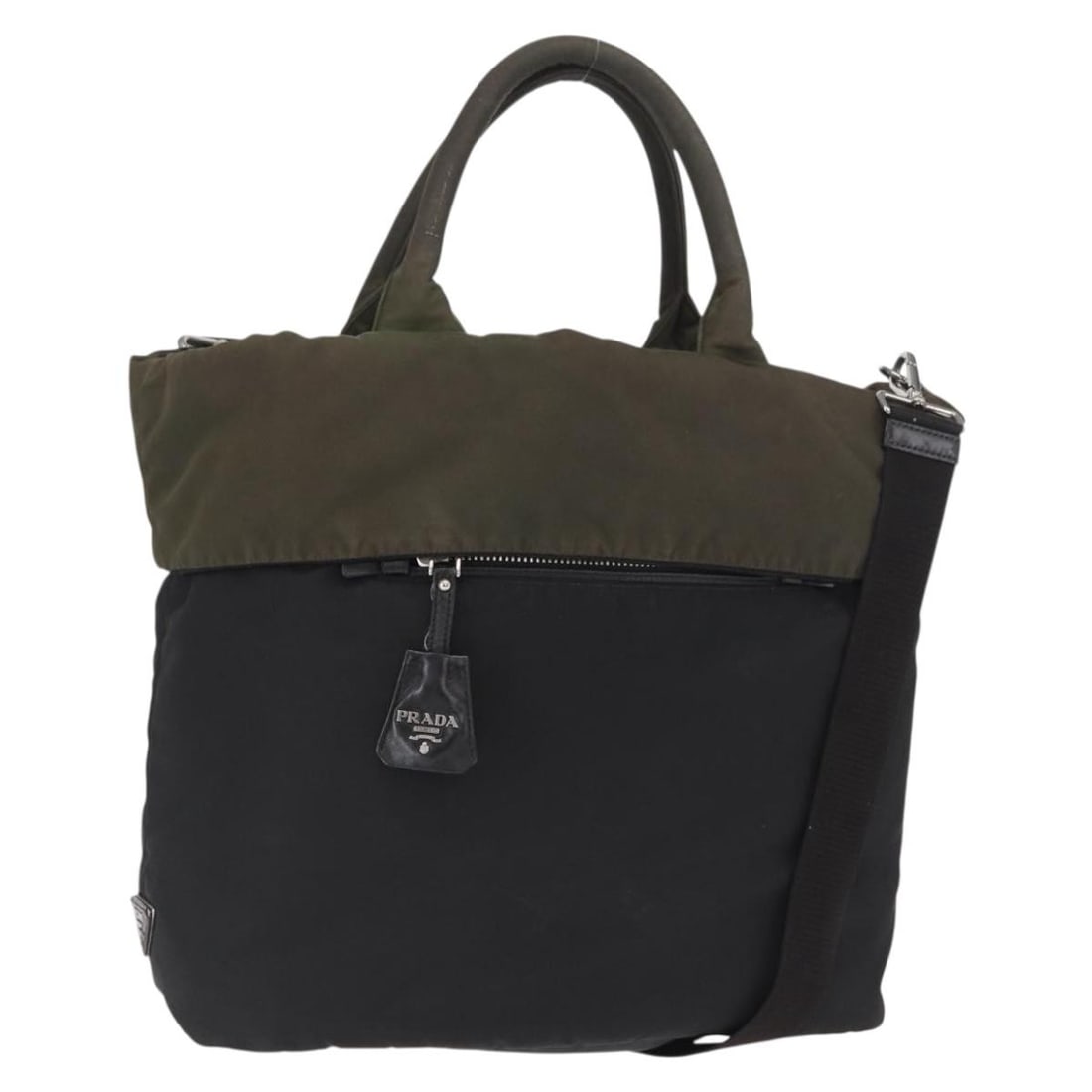 Prada Khaki Nylon 2way Handbag with Shoulder Strap Silver Tone: Prada Khaki Nylon 2way Handbag with Shoulder Strap Silver Tone PRADA nylon hand bag in khaki with silver-tone hardware and a 2-way design. It comes with a shoulder strap and was made in Turkey. The ba