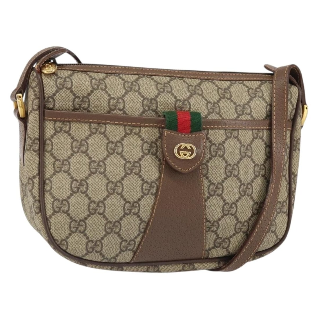 Gucci Sherry Line GG Supreme PVC Shoulder Bag Beige Gold 001 754 6177: Gucci Sherry Line GG Supreme PVC Shoulder Bag Beige Gold 001 754 6177 Gucci GG Supreme Web Sherry Line shoulder bag in beige and gold, made from PVC leather and GG canvas. It measures approximately W2