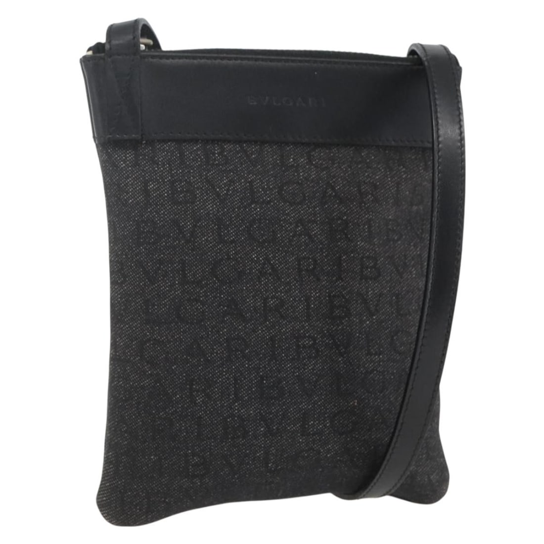 BVLGARI Logo Mania canvas shoulder bag black silver tone leather trim: BVLGARI Logo Mania canvas shoulder bag black silver tone leather trim A BVLGARI Logo Mania shoulder bag in black and silver, made in Italy. The bag is crafted from canvas with leather details and feat