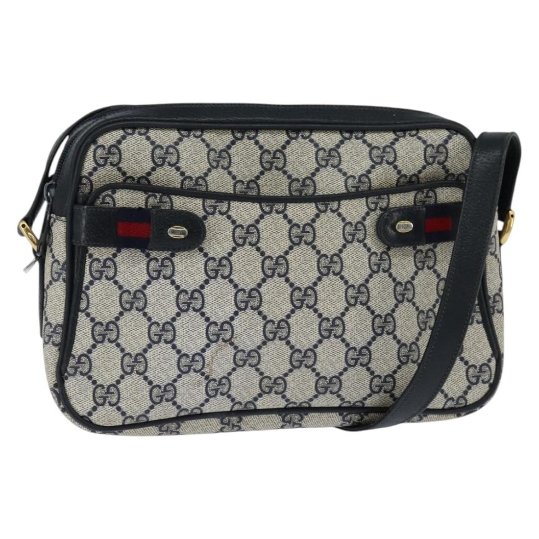 Gucci 904 02 049 GG Supreme Sherry Shoulder Bag Navy Gold PVC: Gucci 904 02 049 GG Supreme Sherry Shoulder Bag Navy Gold PVC A Gucci GG Supreme Sherry Line shoulder bag in navy and gold, made from PVC leather and GG canvas. This pre-owned bag was made in Italy an