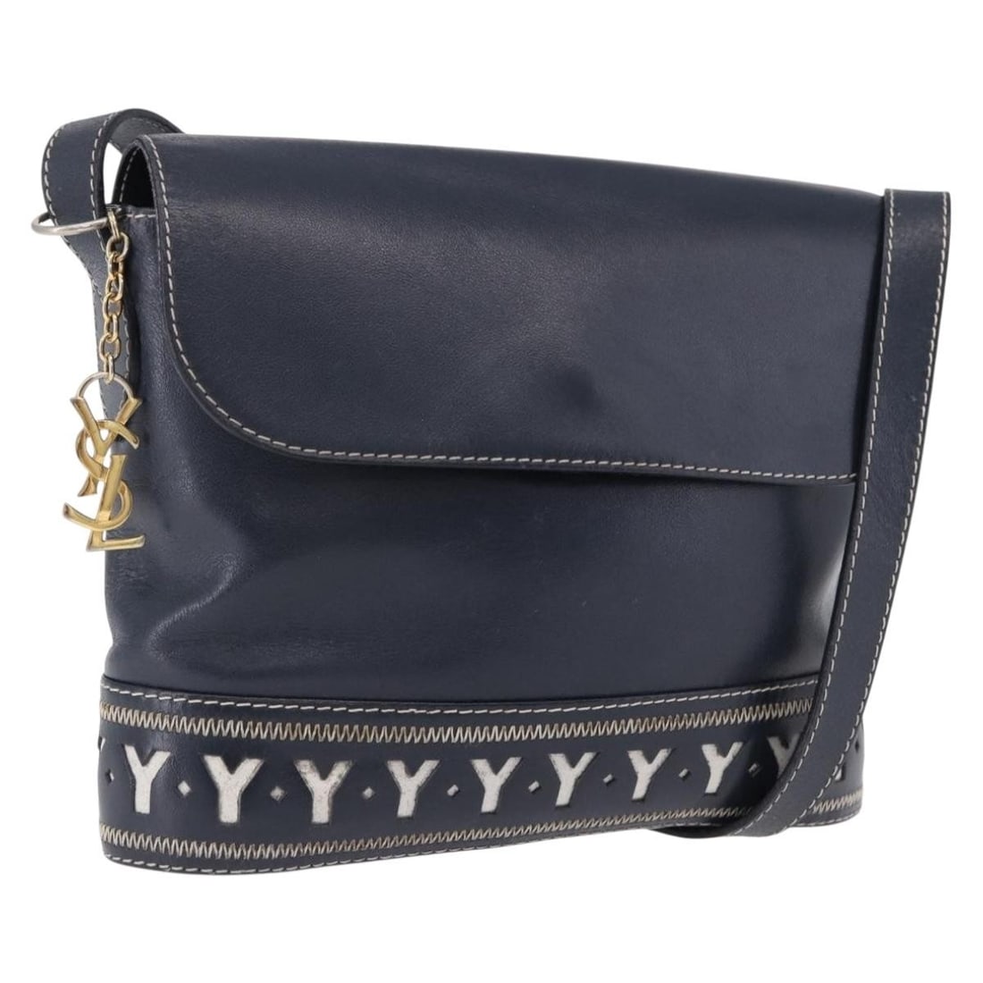Saint Laurent Leather Shoulder Bag Navy Gold Tone France: Saint Laurent Leather Shoulder Bag Navy Gold Tone France A Saint Laurent leather shoulder bag in navy with gold-tone hardware. Made in France, it measures approximately W24 cm x H19 cm x D7 cm, with a