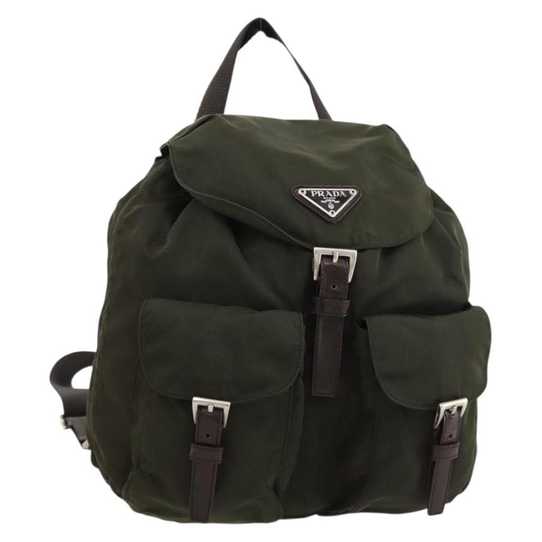 Khaki Nylon Backpack PRADA Silver Tone with Guarantee Card: Khaki Nylon Backpack PRADA Silver Tone with Guarantee Card A PRADA backpack in khaki and silver, made from nylon and crafted in Italy. It comes with a guarantee card. The item is rated C and is descri