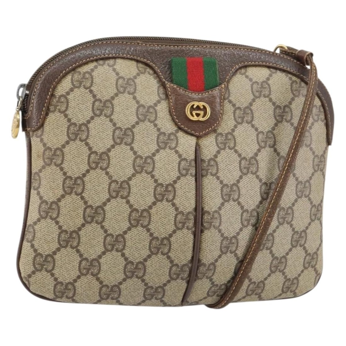 GUCCI GG Supreme Sherry Line Bag Beige Gold PVC Auth 904 02 047: GUCCI GG Supreme Sherry Line Bag Beige Gold PVC Auth 904 02 047 Introducing the Gucci GG Supreme Web Sherry Line Bag, a stylish shoulder bag crafted from quality PVC leather and GG canvas. The elegant