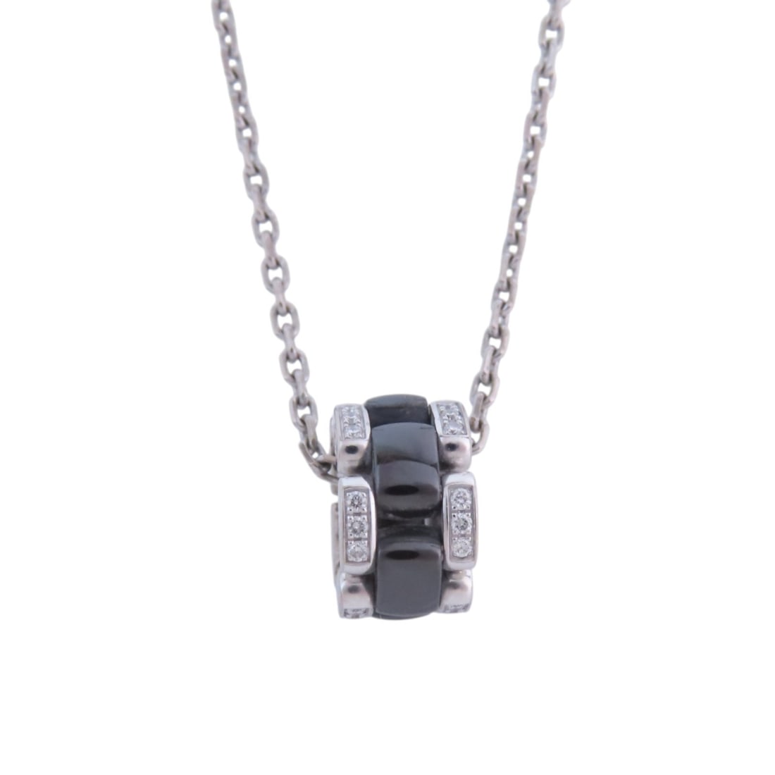 CHANEL Ultra CC Diamond Necklace 18K White Gold Black Ceramic: CHANEL Ultra CC Diamond Necklace 18K White Gold Black Ceramic A CHANEL CC SHW Ultra Diamond Necklace featuring 18K white gold, diamond, and ceramic construction in black and clear tones. The necklace 