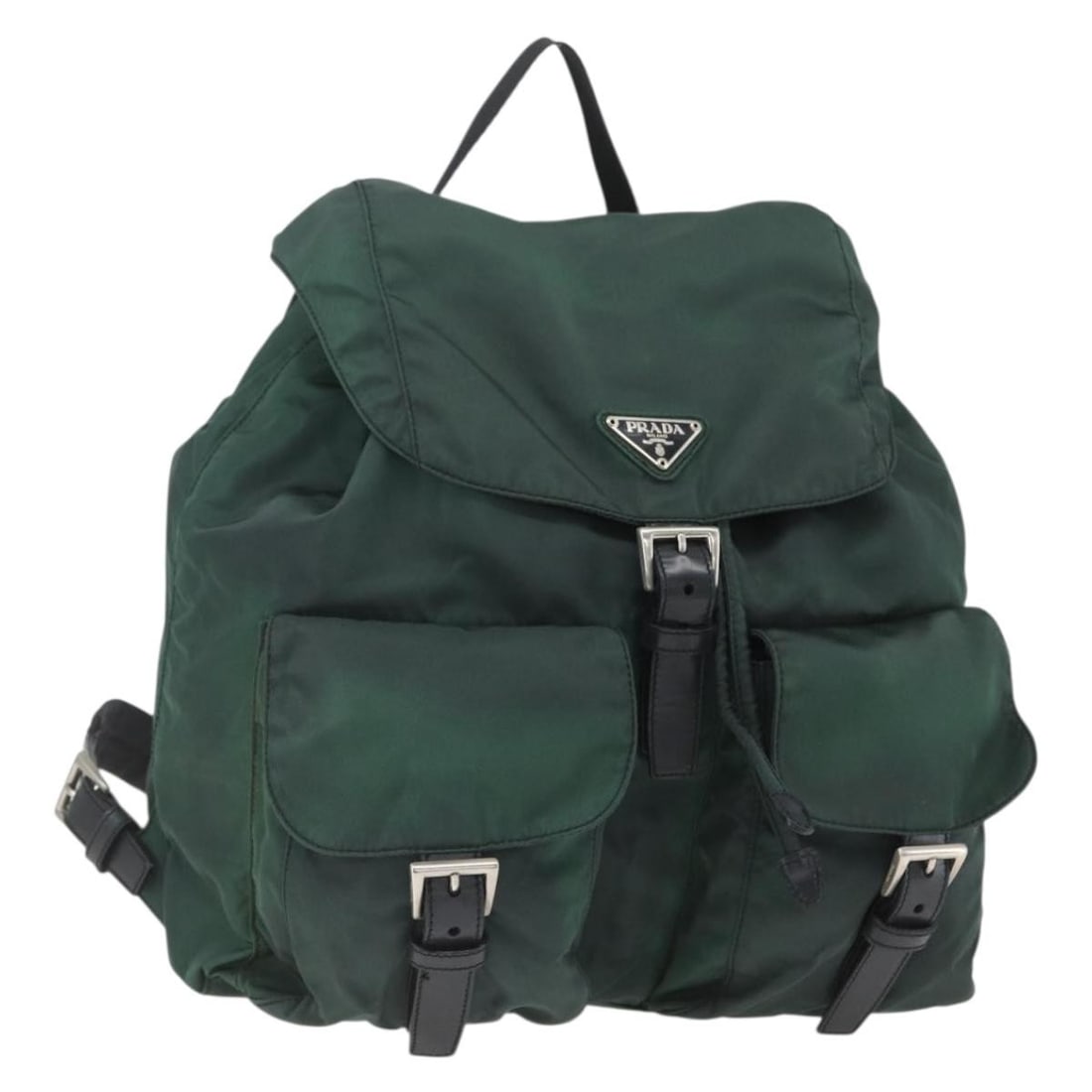 Green Nylon PRADA Backpack with Dust Bag Silver Tone: Green Nylon PRADA Backpack with Dust Bag Silver Tone Prada nylon backpack in green and silver, made in Italy. It includes a dust bag and shows heavy use with surface loss of shape, slight rubbing, dis