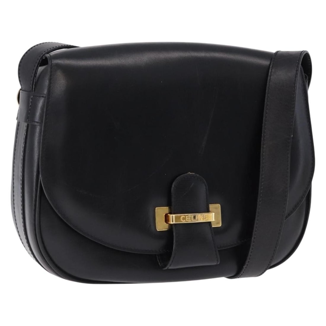 CELINE Leather Shoulder Bag Black with Gold Tone Dust Bag: CELINE Leather Shoulder Bag Black with Gold Tone Dust Bag CELINE shoulder bag in black and gold leather, made in Italy. It features a shoulder strap with an approximate drop of 19.7-22.0 inches (50-56