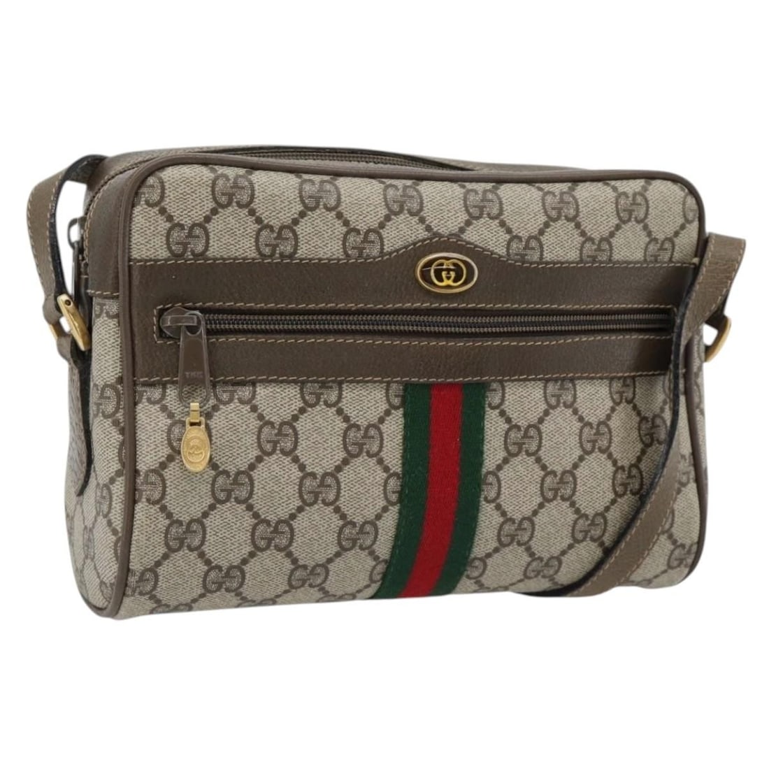 Gucci 56 02 004 GG Supreme Sherry Web Shoulder Bag Beige Gold: Gucci 56 02 004 GG Supreme Sherry Web Shoulder Bag Beige Gold Gucci GG Supreme Web Sherry Line shoulder bag in beige and gold, made in Italy. The bag is constructed from PVC leather / GG canvas and me