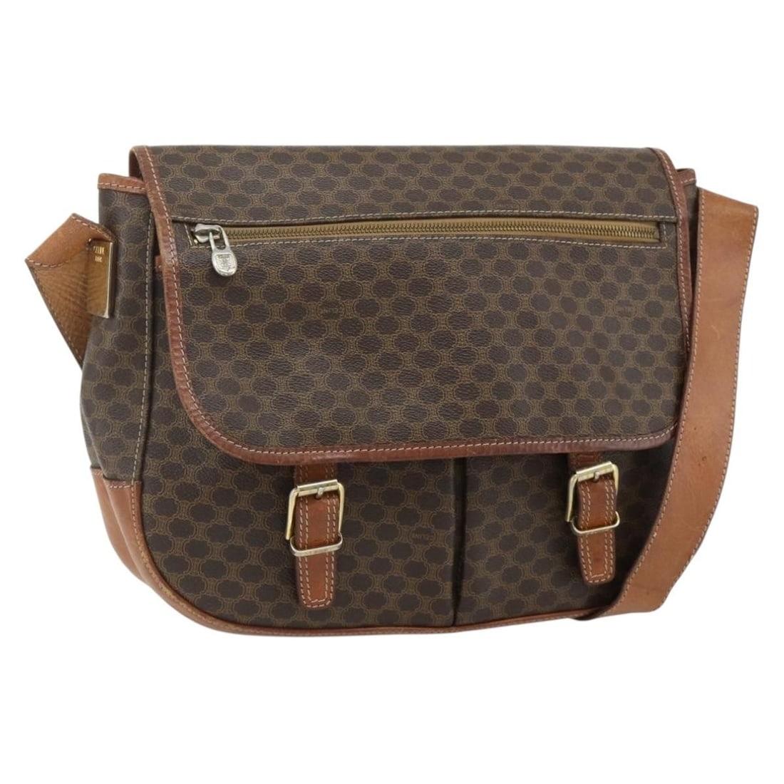 CELINE Macadam Shoulder Bag Brown PVC Leather Gold Tone: CELINE Macadam Shoulder Bag Brown PVC Leather Gold Tone Celine Macadam canvas shoulder bag in brown with gold-tone accents, crafted with PVC leather trim and made in Italy. This women's shoulder bag i