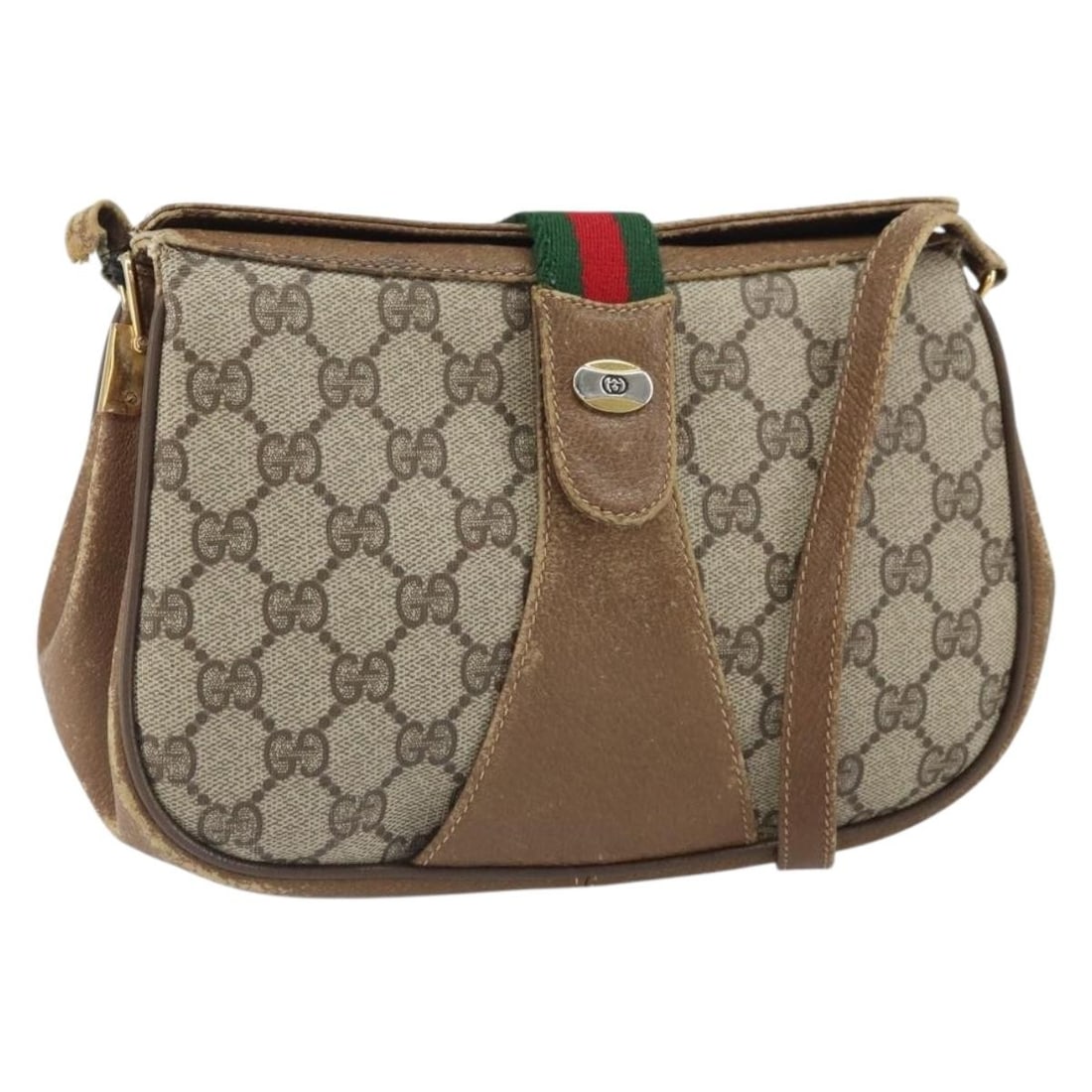 GG Supreme Web Sherry Line Shoulder Bag by Gucci in Beige PVC: GG Supreme Web Sherry Line Shoulder Bag by Gucci in Beige PVC This is a GUCCI GG Supreme Web Sherry Line shoulder bag crafted from beige PVC leather and GG canvas with gold-tone accents. The bag featu