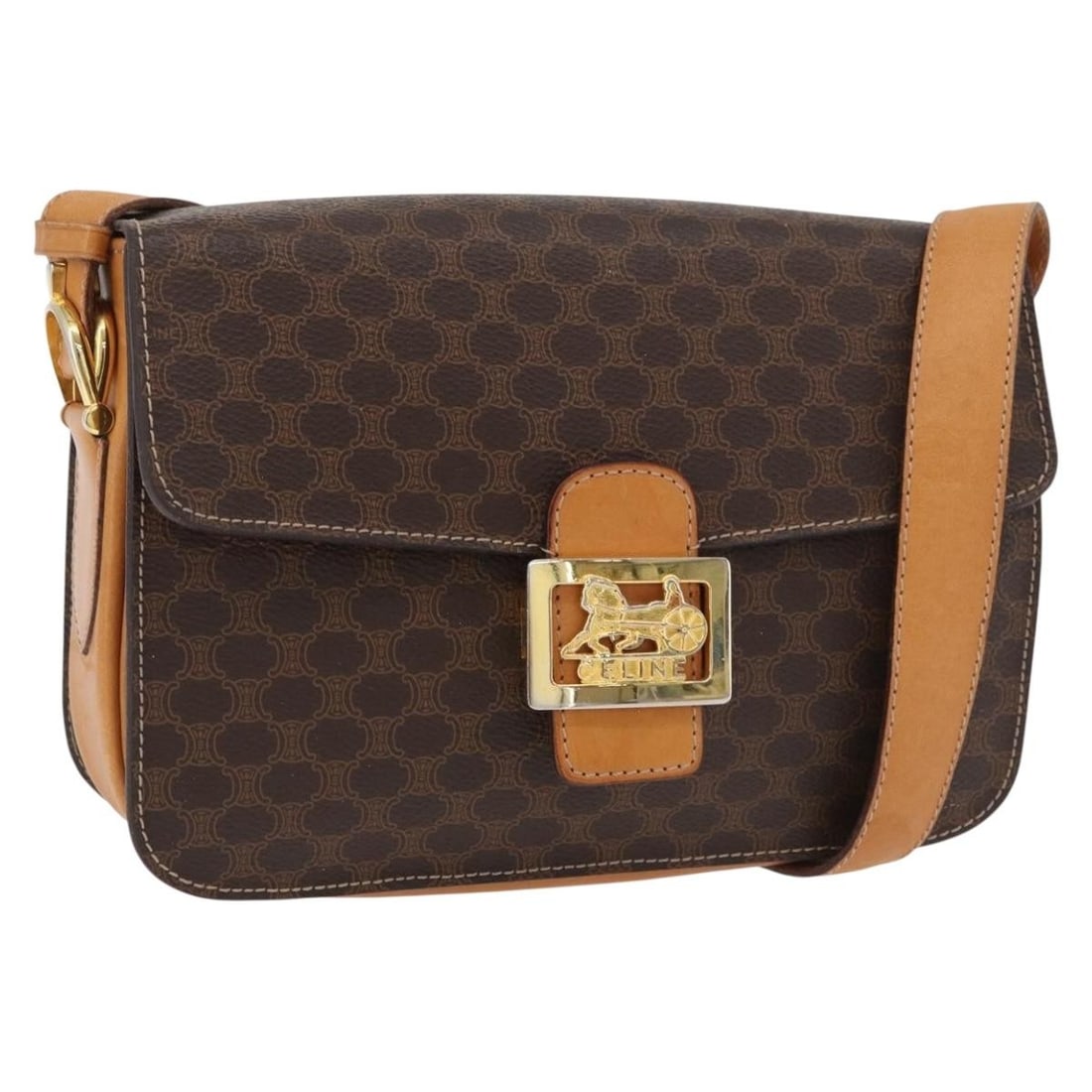 Celine Macadam Canvas Brown Gold Shoulder Bag PVC Leather Auth: Celine Macadam Canvas Brown Gold Shoulder Bag PVC Leather Auth This CELINE Macadam Canvas Horse Carriage shoulder bag features a classic brown and gold color scheme with PVC leather and Macadam canvas