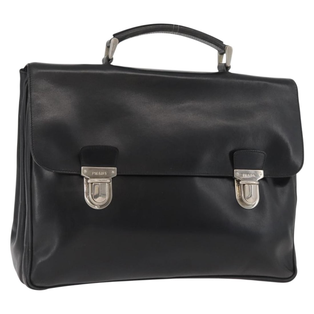 PRADA black leather business bag silver tone made in Italy: PRADA black leather business bag silver tone made in Italy Prada business bag in black leather with silver-tone hardware. Made in Italy, this bag measures approximately 38 cm W x 30 cm H x 10 cm D, wi