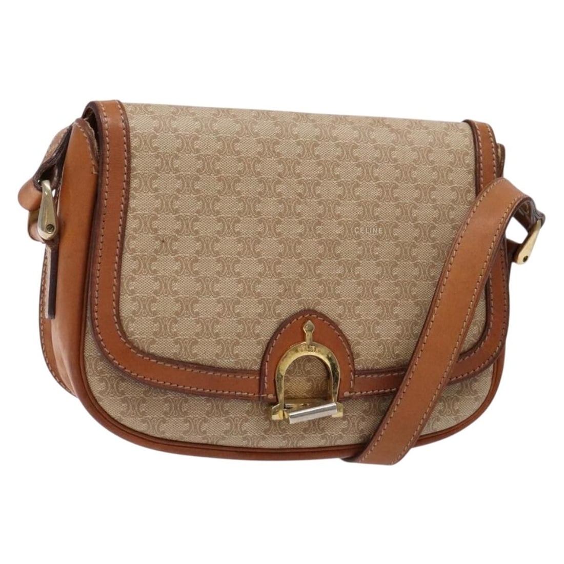 CELINE Macadam Canvas Shoulder Bag Beige Gold Made in France: CELINE Macadam Canvas Shoulder Bag Beige Gold Made in France This CELINE Macadam Canvas Shoulder Bag features a stylish beige and gold color scheme, crafted from durable Macadam Canvas. The bag measur